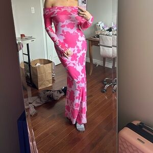 AFRM Pink and White Off-Shoulder Bodycon Dress
